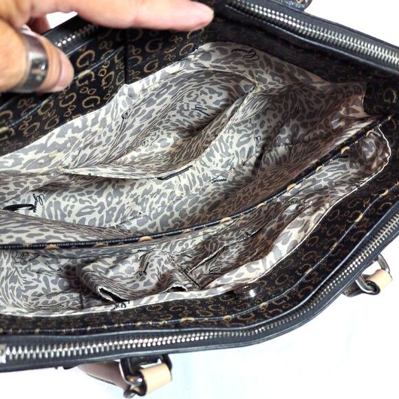 Guess Logo Satchel Handbag Tote Large Multiple Compartments Coasted Canvas Black - Picture 8 of 16